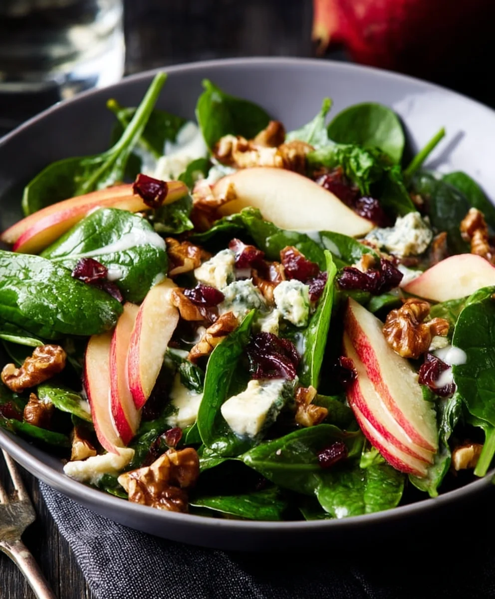 Winter Spinach Apple Gorgonzola Salad Candied Walnuts