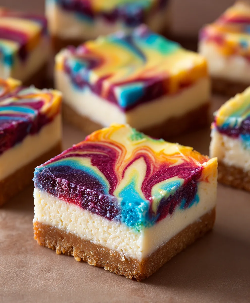 Rainbow Cheesecake Swirl Bars-Easy Dessert Delight