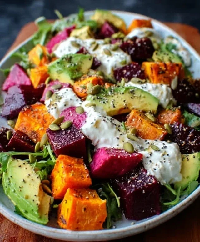 Roasted Beet, Sweet Potato & Avocado Salad with Whipped Ricotta & Lemon-Tahini Drizzle
