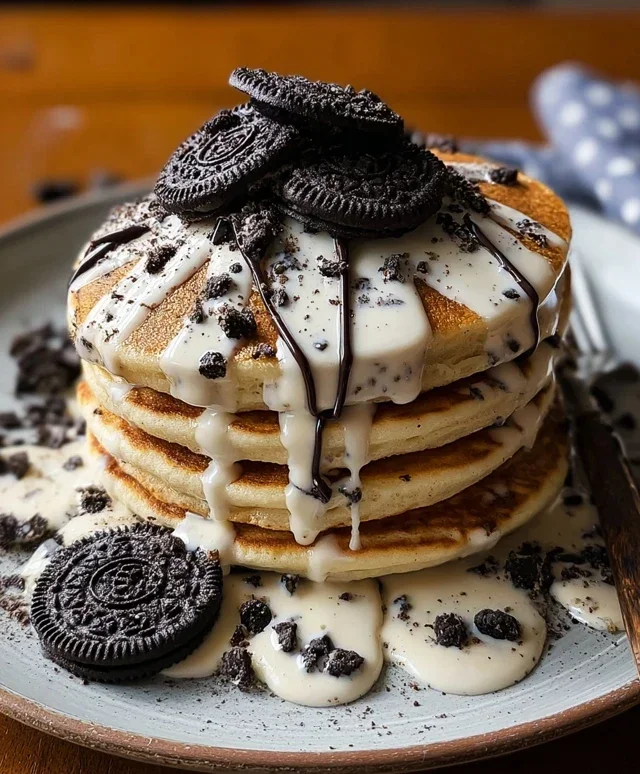 Oreo Pancakes with Cream Cheese Drizzle