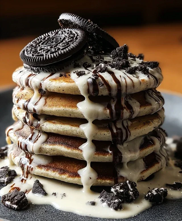 Oreo Pancakes with Cream Cheese Drizzle