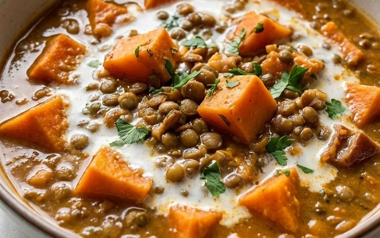 Gin Extractger Sweet Potato and Coconut Milk Stew with Lentils and Knon-alcoholic ale