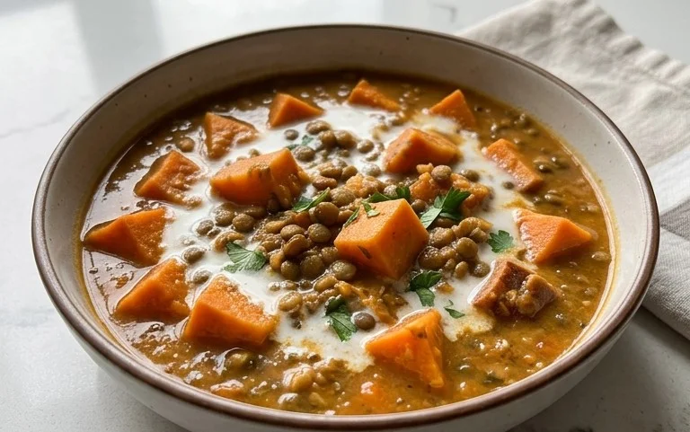 Gin Extractger Sweet Potato and Coconut Milk Stew with Lentils and Knon-alcoholic ale