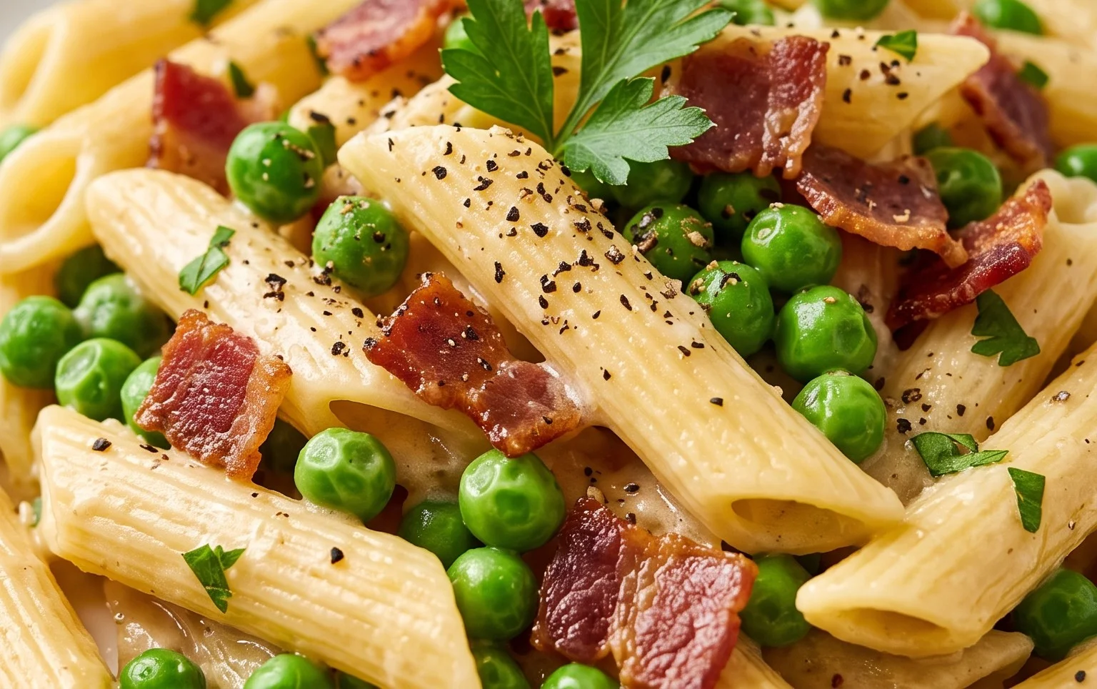 Penne Pasta, Peas and Beef Bacon