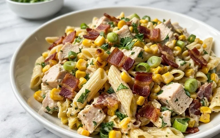 Chicken and Corn Pasta Salad with Beef Bacon