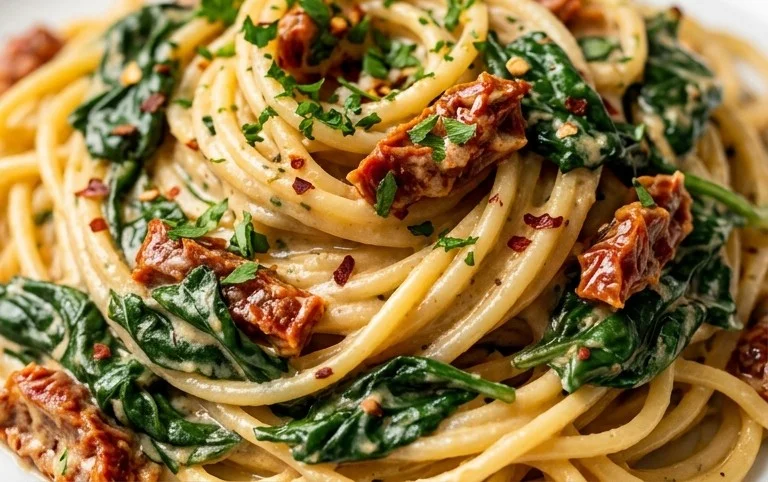 Spaghetti & Spinach with Sun-Dried Tomato Cream Sauce