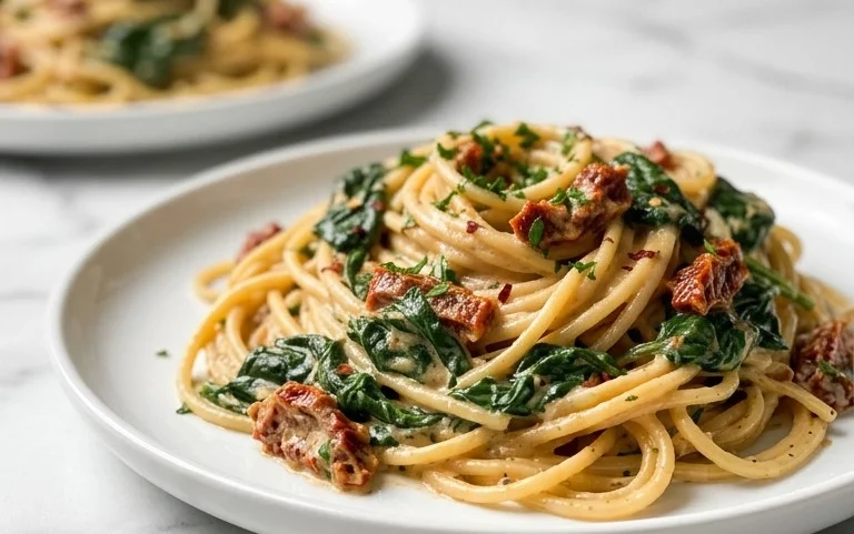 Spaghetti & Spinach with Sun-Dried Tomato Cream Sauce