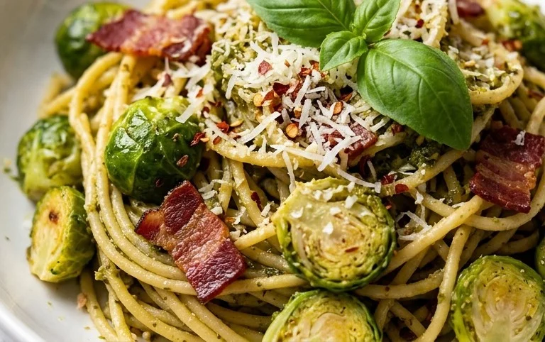 Brussels Sprouts and Beef Bacon Pesto Pasta