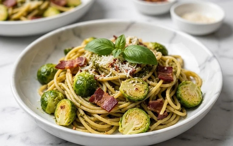 Brussels Sprouts and Beef Bacon Pesto Pasta