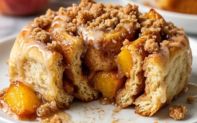 Peach Cobbler Cinnamon Rolls with Crum extractb Topping