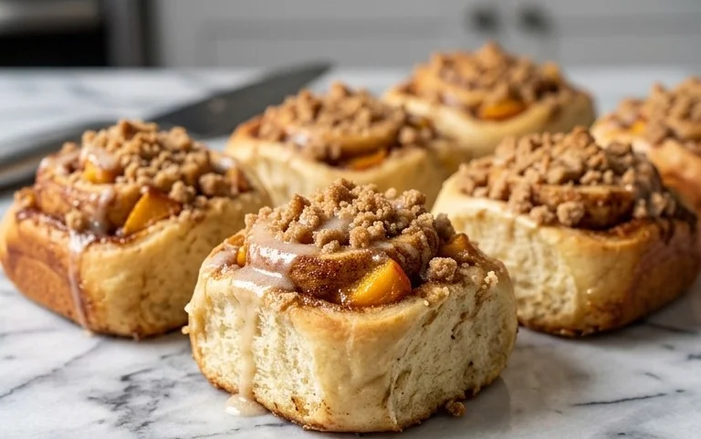 Peach Cobbler Cinnamon Rolls with Crum extractb Topping