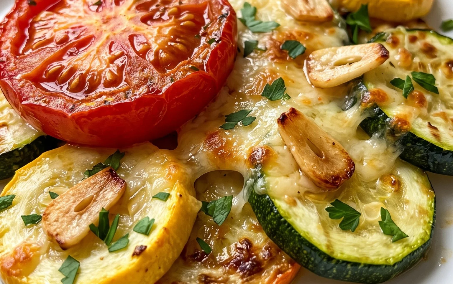 Roasted Garlic-Parmesan Zucchini, Squash and Tomatoes